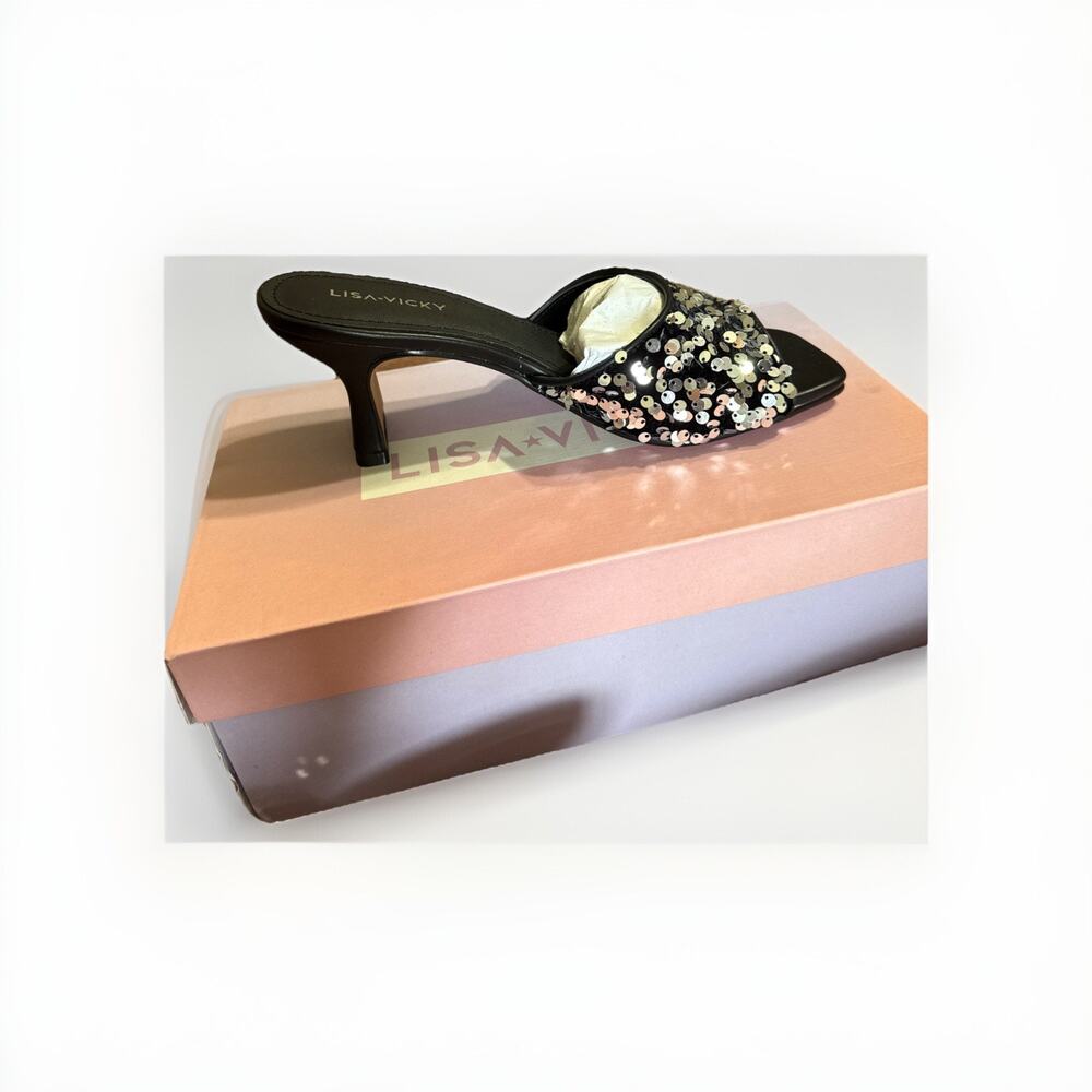 Lisa Vicky Pretty-V Black Slide Sandal Platinum Black Sequins Size 7 Heels - Picture 7 of 9